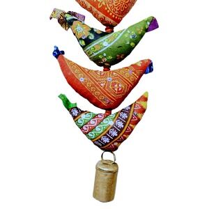 42" Vtg Handcraft India Fabric Weighted 16 Bird Chicken Bellpull Door Wall Decor
